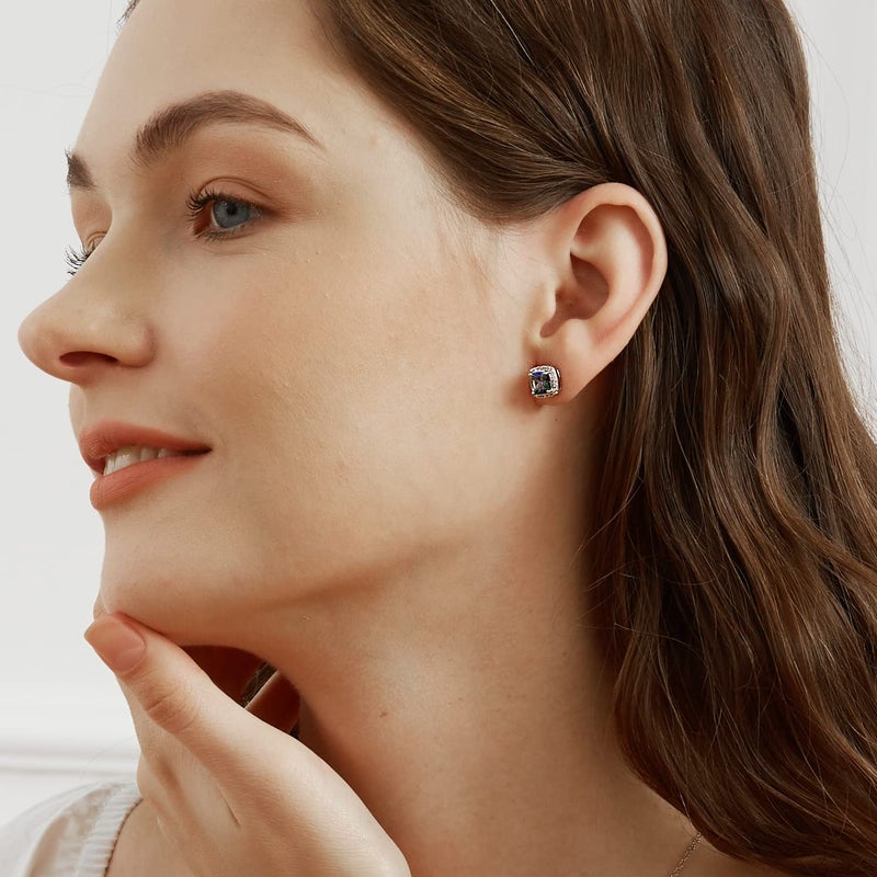 VOLUKA Halo CZ Cushion Stud Earrings for Women 18K White Gold Plated Simulate Diamond Earings Cubic Zirconia Crystal Gemstone Jewelry Birthday Gifts Mother - Image 3